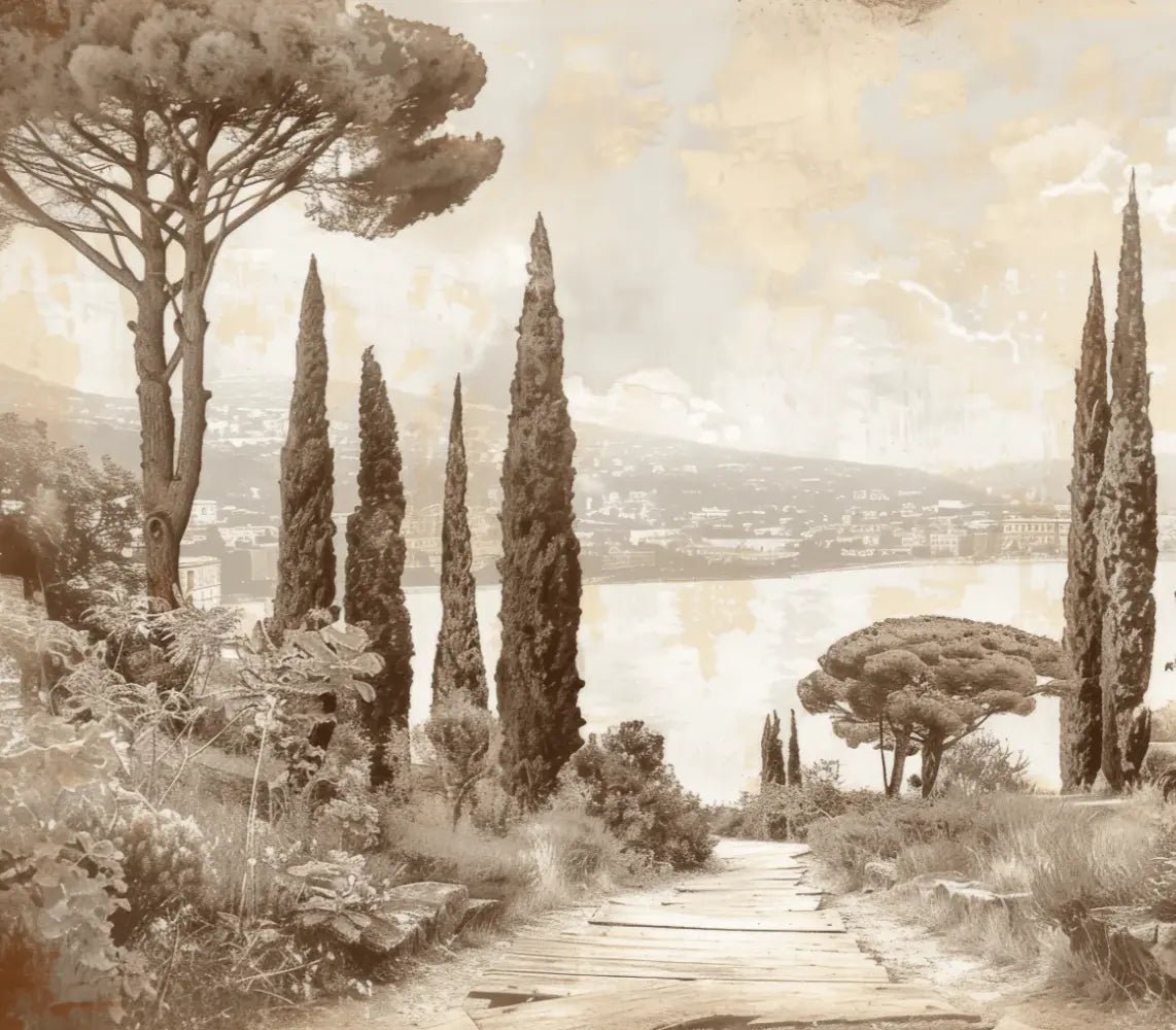 Tradition des Cyprès: Élégance Murale Panoramique Vintage - Illulart: Papier peint panoramique