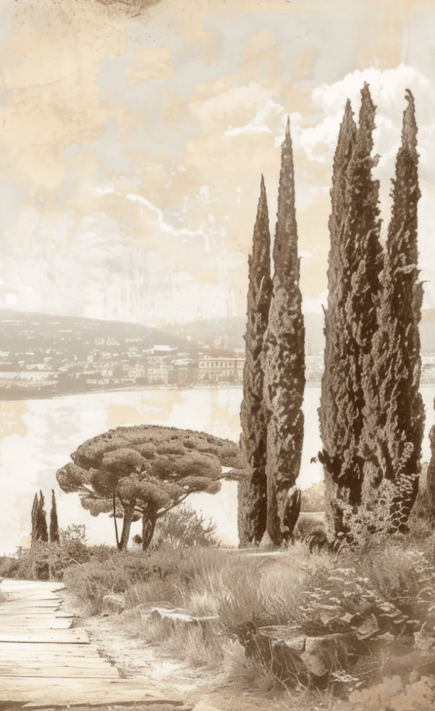 Tradition des Cyprès: Élégance Murale Panoramique Vintage - Illulart: Papier peint panoramique