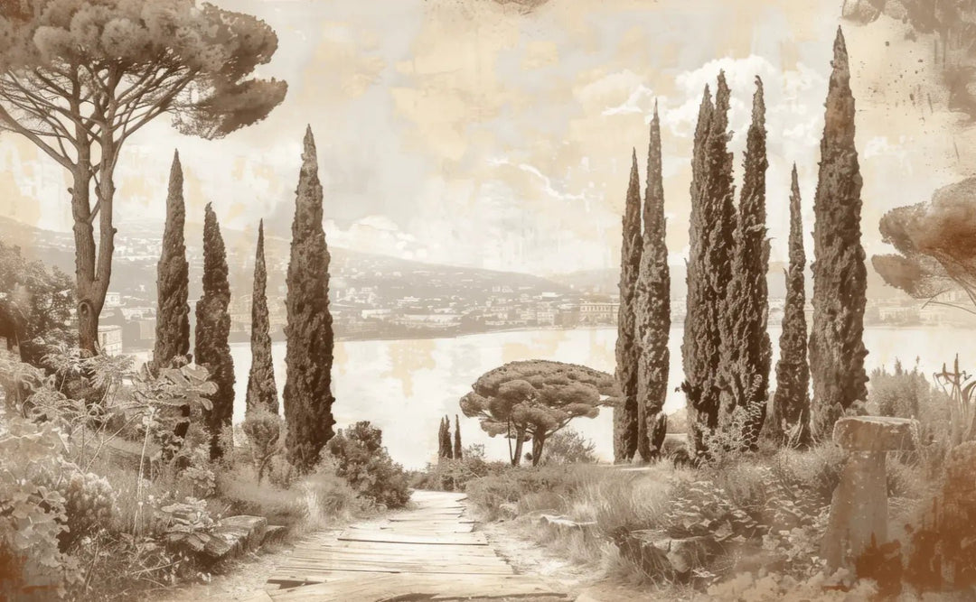 Tradition des Cyprès: Élégance Murale Panoramique Vintage - Illulart: Papier peint panoramique