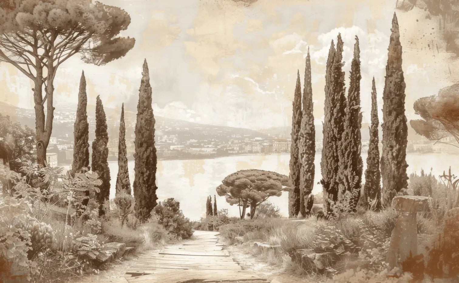 Tradition des Cyprès: Élégance Murale Panoramique Vintage - Illulart: Papier peint panoramique