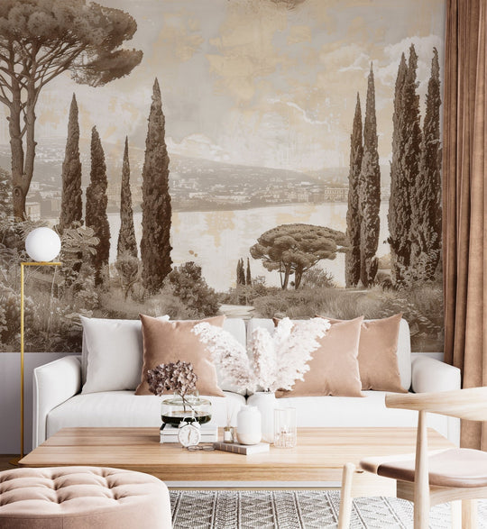 Tradition des Cyprès: Élégance Murale Panoramique Vintage - Illulart: Papier peint panoramique