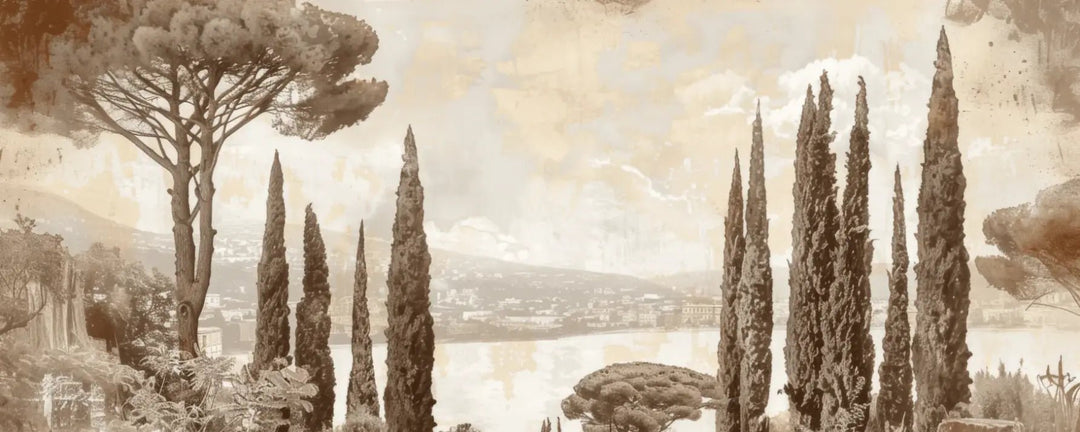 Tradition des Cyprès: Élégance Murale Panoramique Vintage - Illulart: Papier peint panoramique