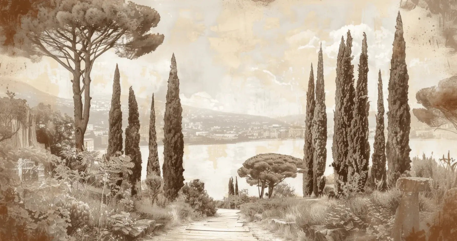 Tradition des Cyprès: Élégance Murale Panoramique Vintage - Illulart: Papier peint panoramique