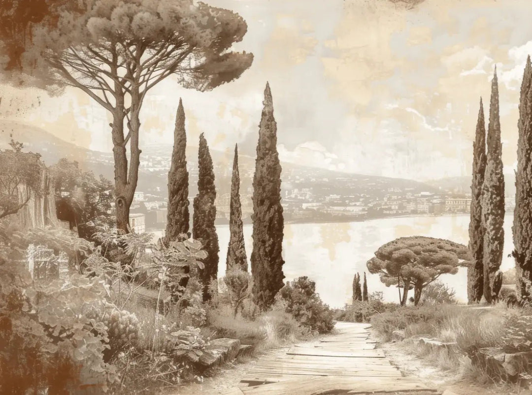 Tradition des Cyprès: Élégance Murale Panoramique Vintage - Illulart: Papier peint panoramique