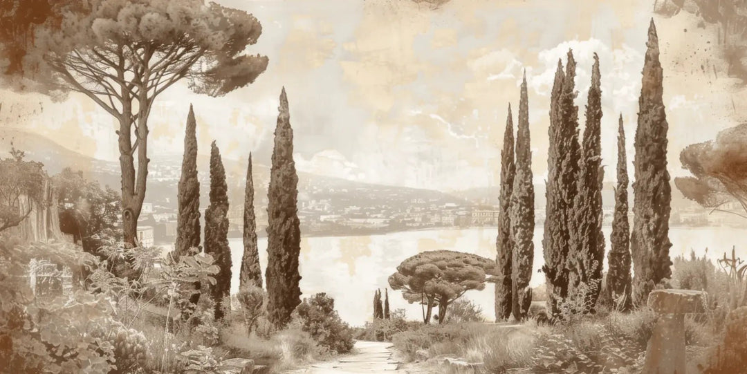 Tradition des Cyprès: Élégance Murale Panoramique Vintage - Illulart: Papier peint panoramique