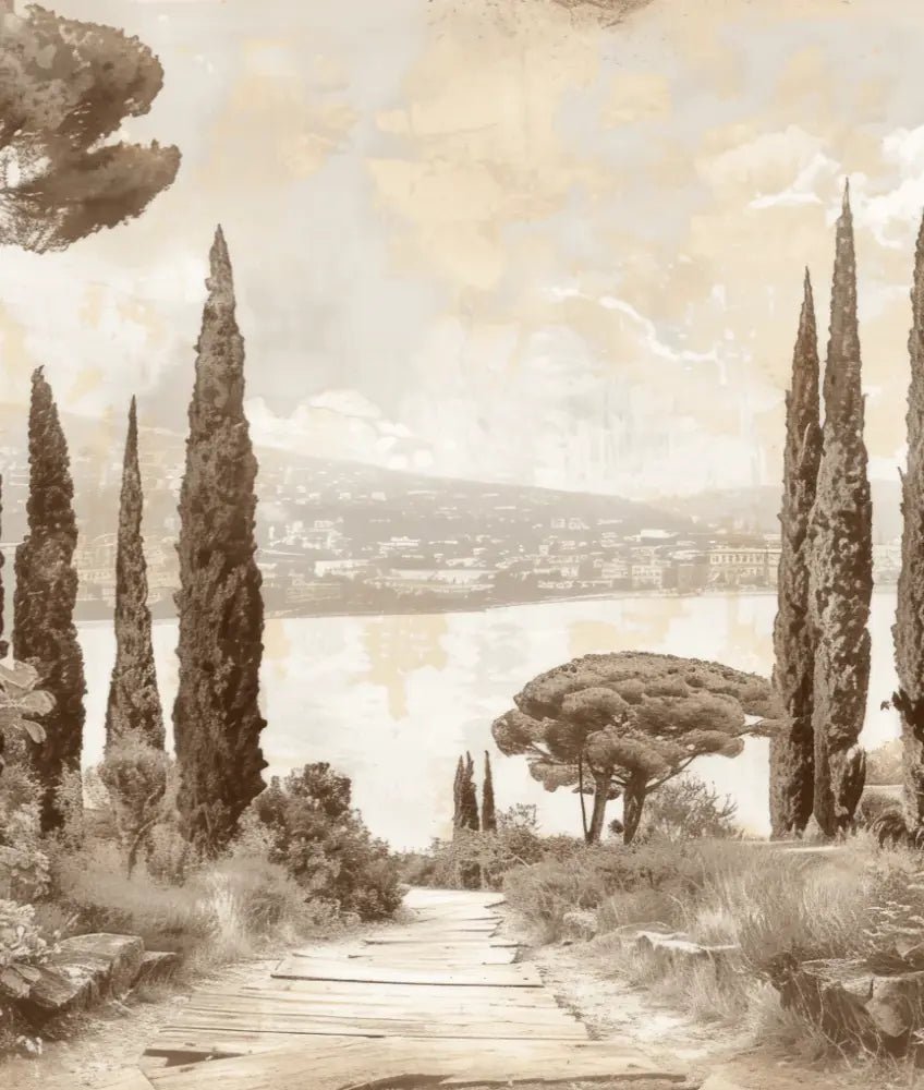 Tradition des Cyprès: Élégance Murale Panoramique Vintage - Illulart: Papier peint panoramique