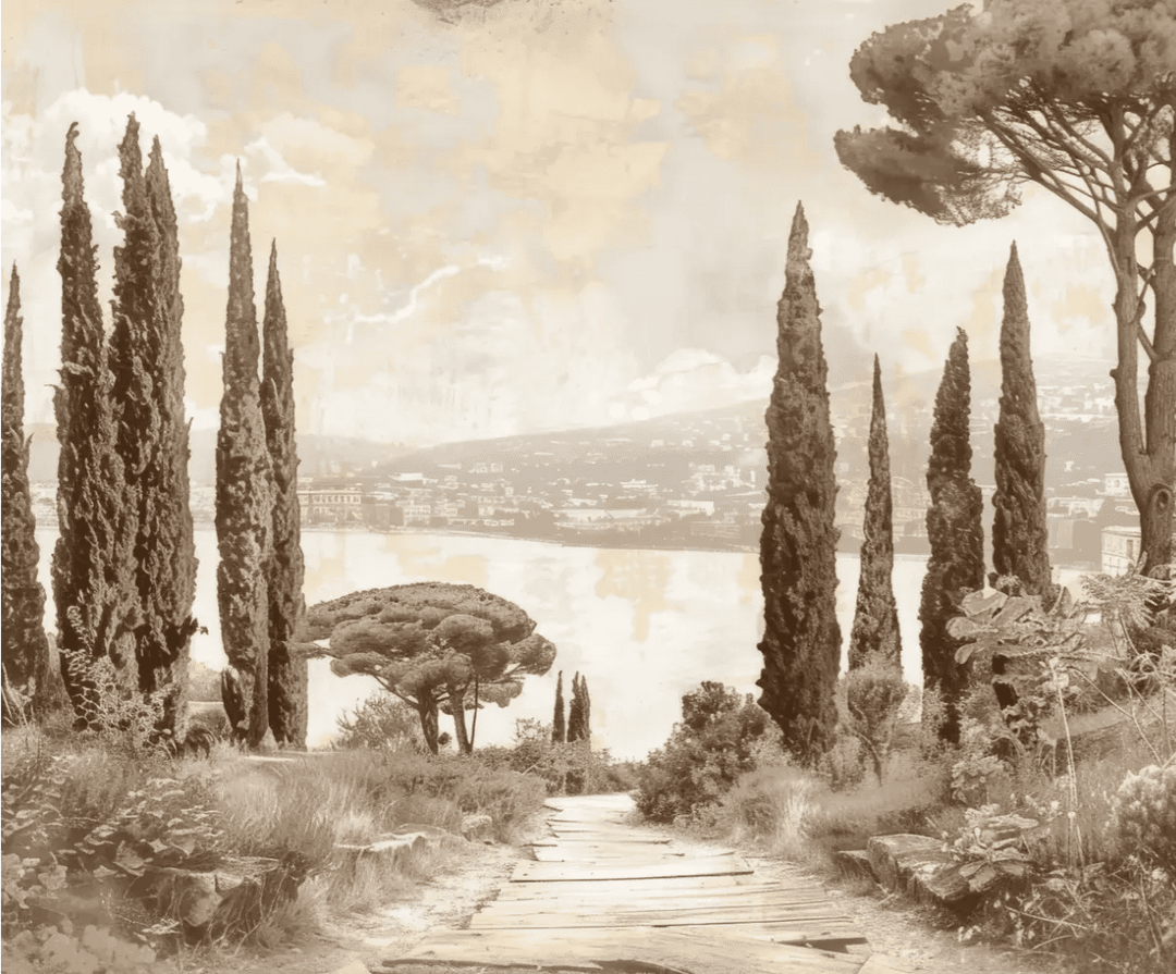 Tradition des Cyprès: Élégance Murale Panoramique Vintage - Illulart: Papier peint panoramique