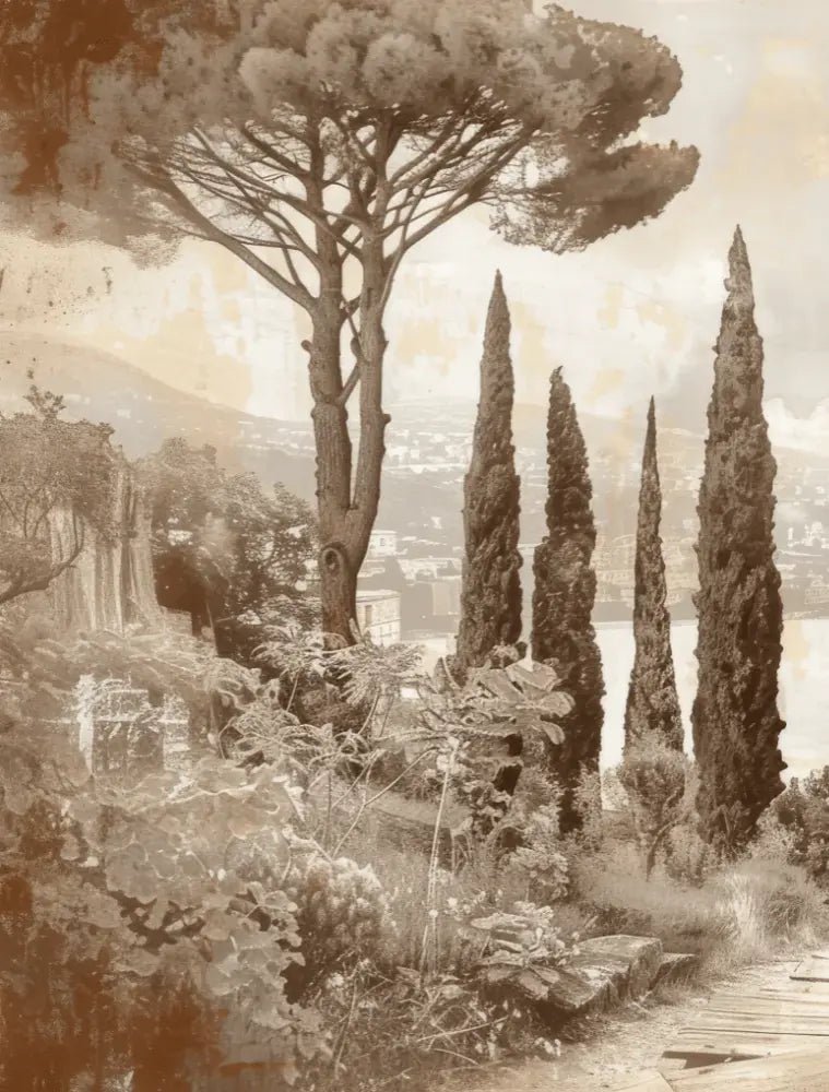 Tradition des Cyprès: Élégance Murale Panoramique Vintage - Illulart: Papier peint panoramique