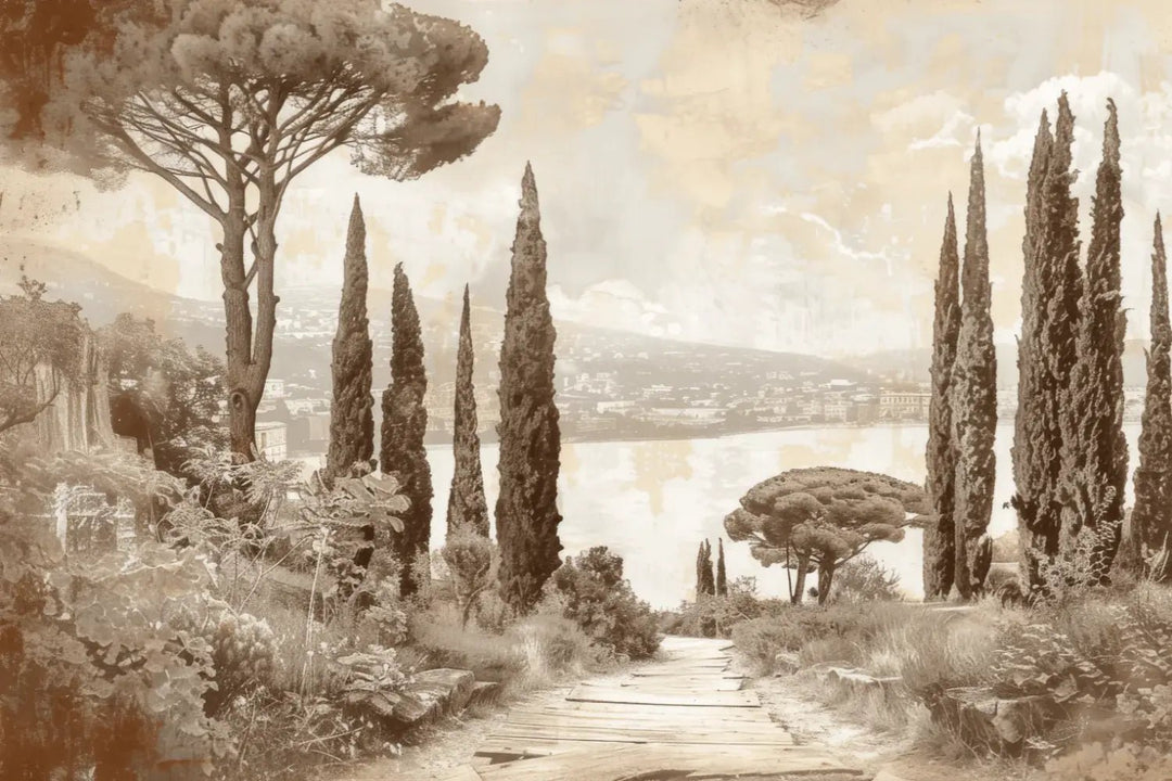 Tradition des Cyprès: Élégance Murale Panoramique Vintage - Illulart: Papier peint panoramique