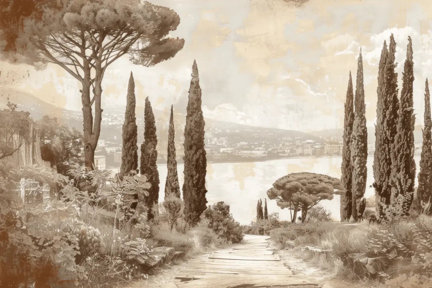 Tradition des Cyprès: Élégance Murale Panoramique Vintage - Illulart: Papier peint panoramique