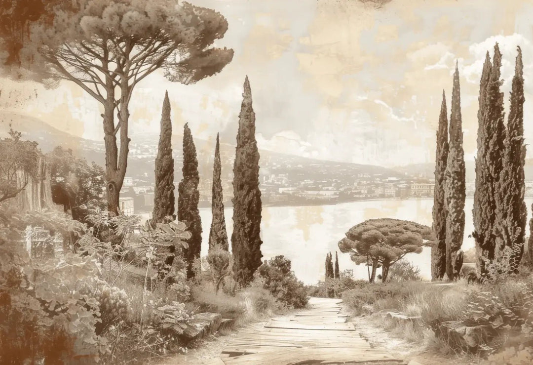 Tradition des Cyprès: Élégance Murale Panoramique Vintage - Illulart: Papier peint panoramique