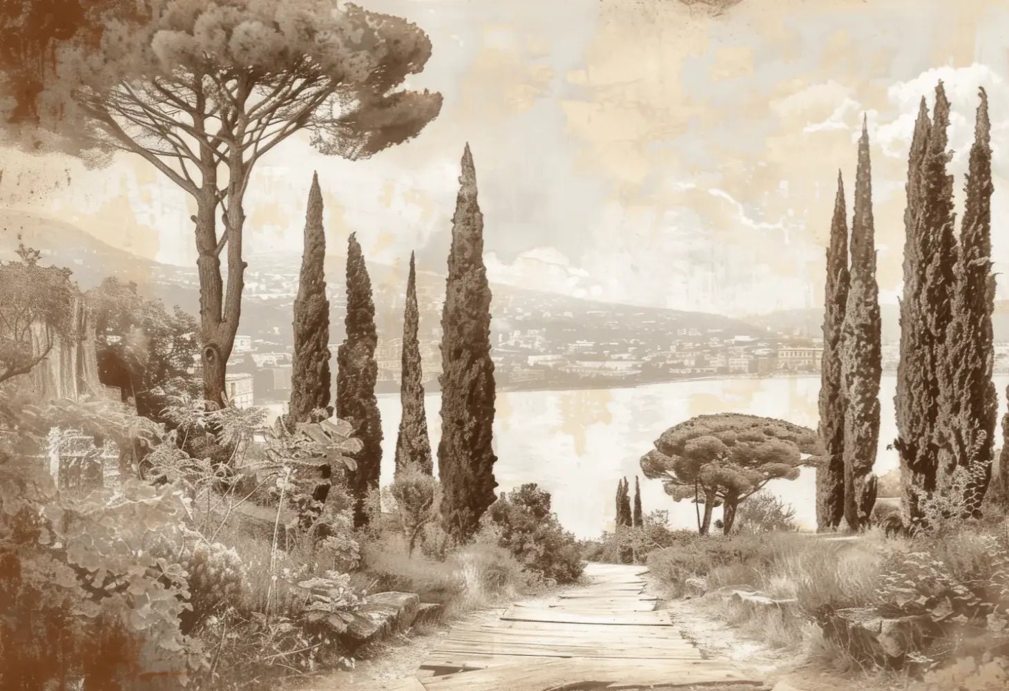 Tradition des Cyprès: Élégance Murale Panoramique Vintage - Illulart: Papier peint panoramique