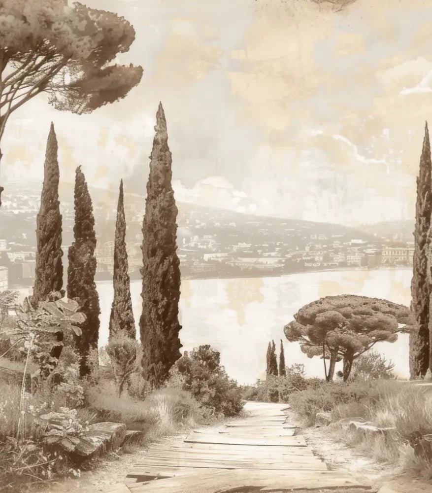 Tradition des Cyprès: Élégance Murale Panoramique Vintage - Illulart: Papier peint panoramique