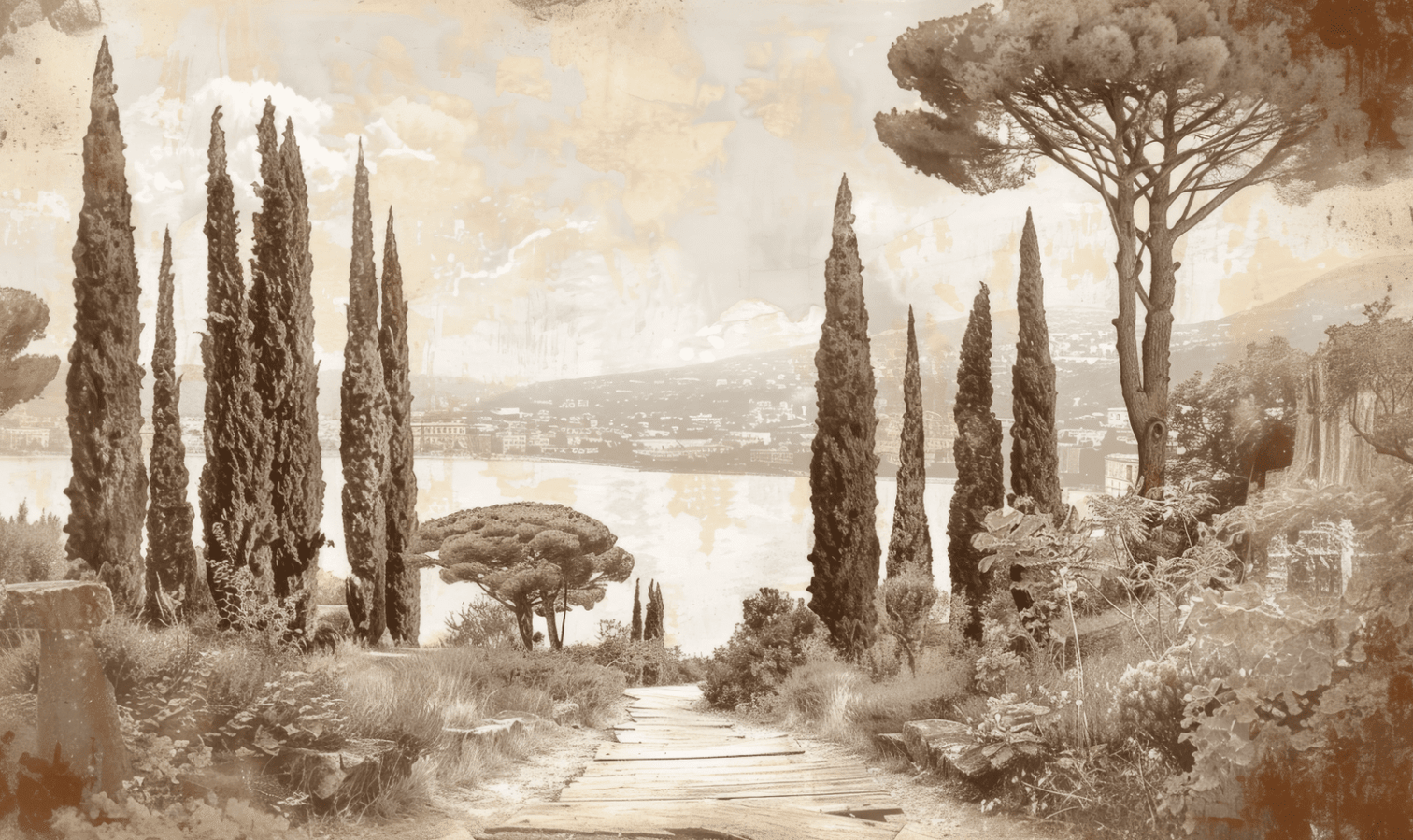 Tradition des Cyprès: Élégance Murale Panoramique Vintage - Illulart: Papier peint panoramique