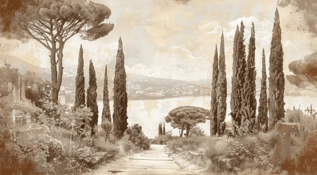 Tradition des Cyprès: Élégance Murale Panoramique Vintage - Illulart: Papier peint panoramique