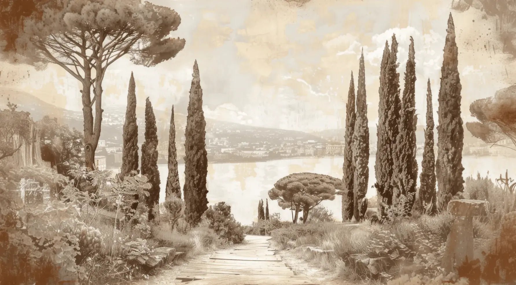 Tradition des Cyprès: Élégance Murale Panoramique Vintage - Illulart: Papier peint panoramique