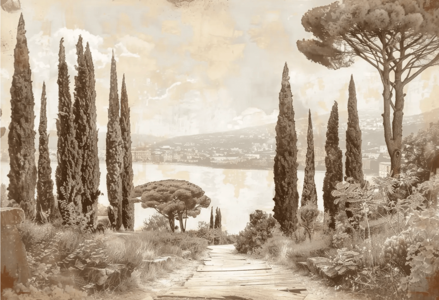 Tradition des Cyprès: Élégance Murale Panoramique Vintage - Illulart: Papier peint panoramique