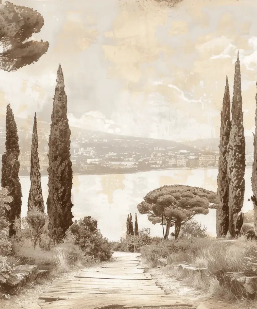 Tradition des Cyprès: Élégance Murale Panoramique Vintage - Illulart: Papier peint panoramique