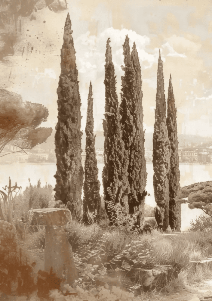 Tradition des Cyprès: Élégance Murale Panoramique Vintage - Illulart: Papier peint panoramique