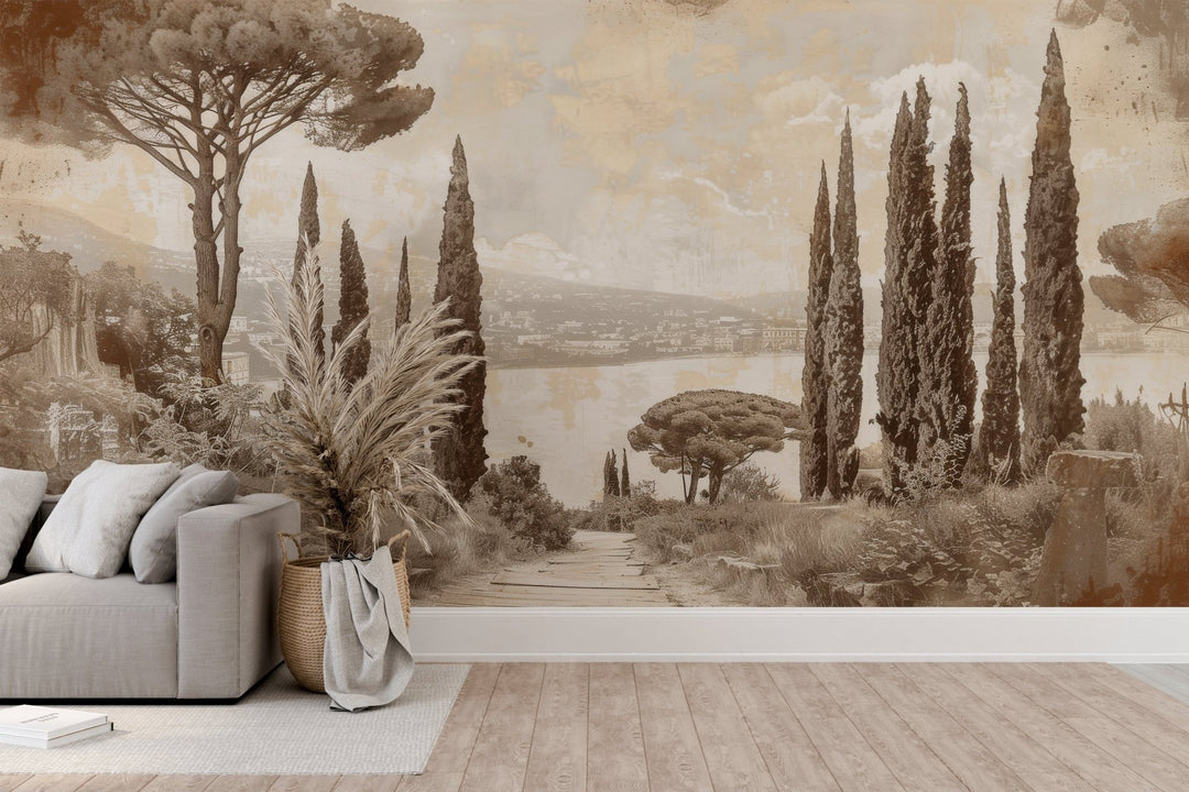 Tradition des Cyprès: Élégance Murale Panoramique Vintage - Illulart: Papier peint panoramique