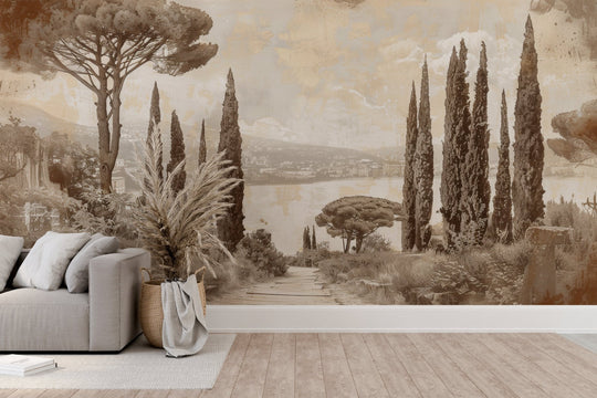 Tradition des Cyprès: Élégance Murale Panoramique Vintage - Illulart: Papier peint panoramique