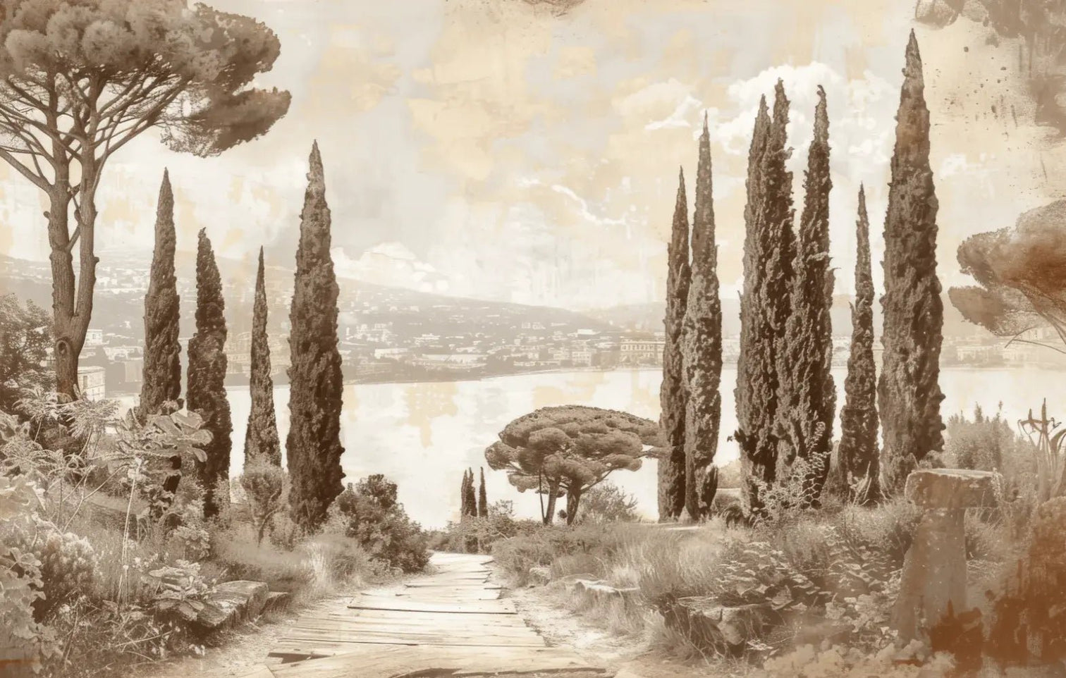 Tradition des Cyprès: Élégance Murale Panoramique Vintage - Illulart: Papier peint panoramique