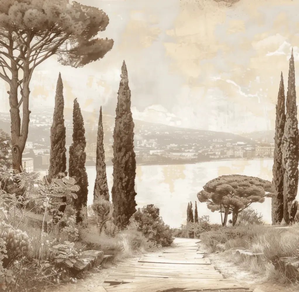 Tradition des Cyprès: Élégance Murale Panoramique Vintage - Illulart: Papier peint panoramique