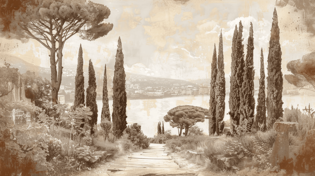 Tradition des Cyprès: Élégance Murale Panoramique Vintage - Illulart: Papier peint panoramique