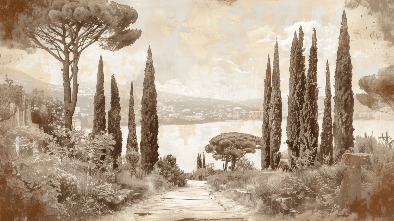 Tradition des Cyprès: Élégance Murale Panoramique Vintage - Illulart: Papier peint panoramique