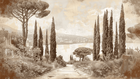 Tradition des Cyprès: Élégance Murale Panoramique Vintage - Illulart: Papier peint panoramique