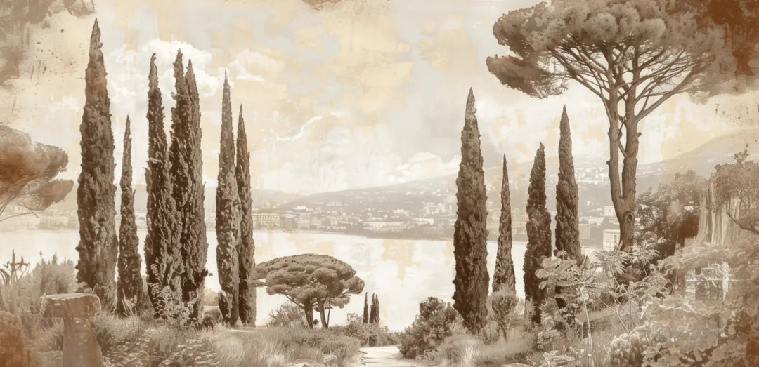 Tradition des Cyprès: Élégance Murale Panoramique Vintage - Illulart: Papier peint panoramique