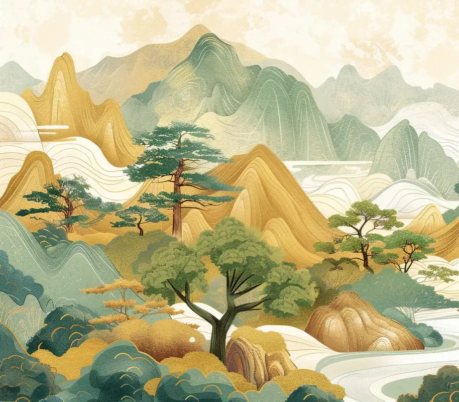 Tranquillité d'Asie : Panorama Mural de Collines Enchantées - Illulart: Papier peint panoramique