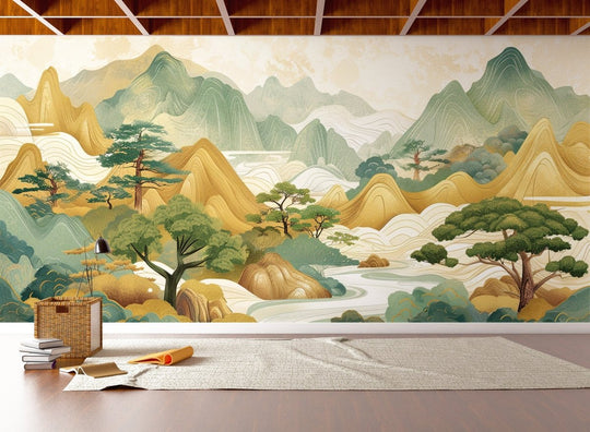 Tranquillité d'Asie : Panorama Mural de Collines Enchantées - Illulart: Papier peint panoramique