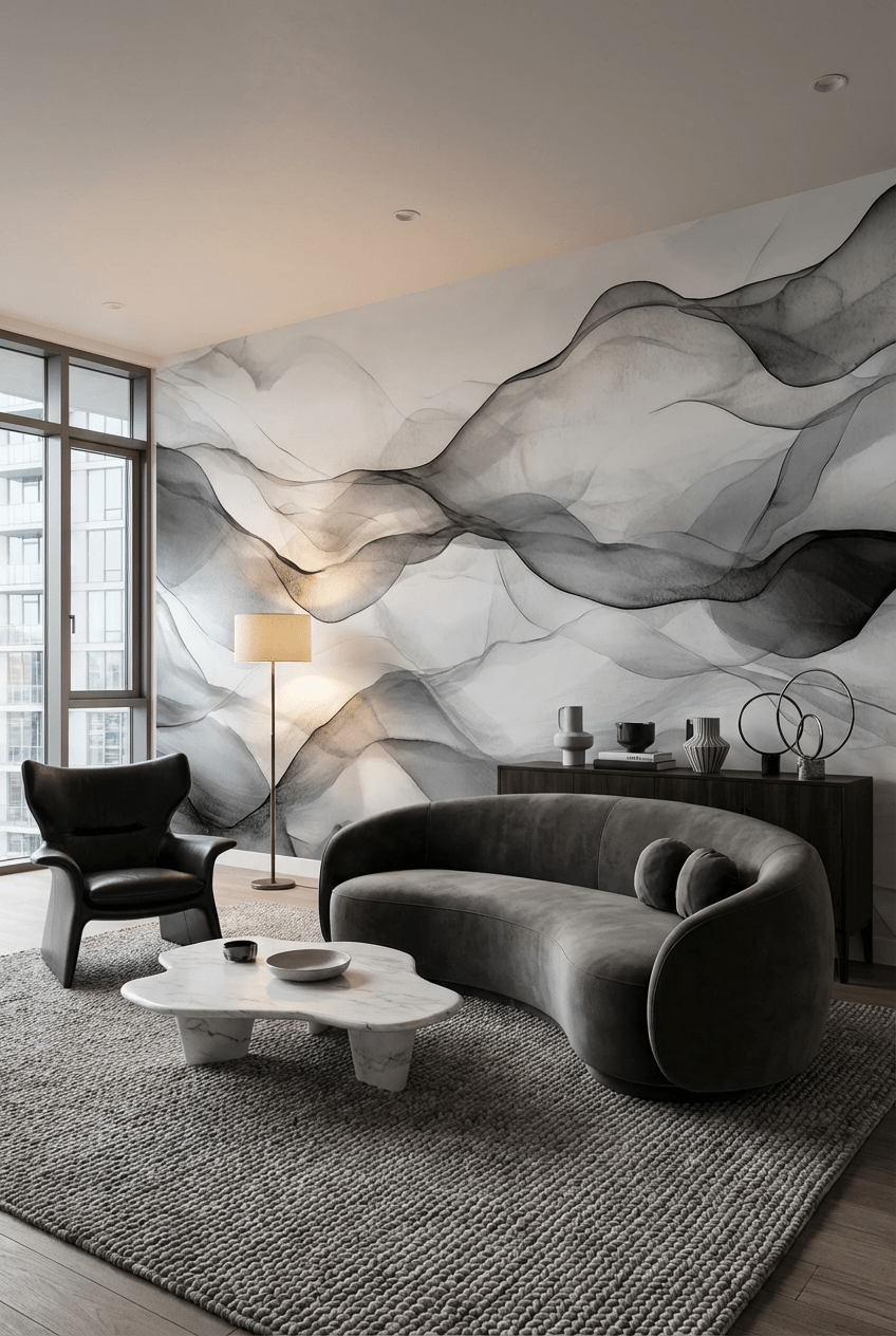 Vagues abstraites en noir et blanc - Illulart: Papier peint panoramique