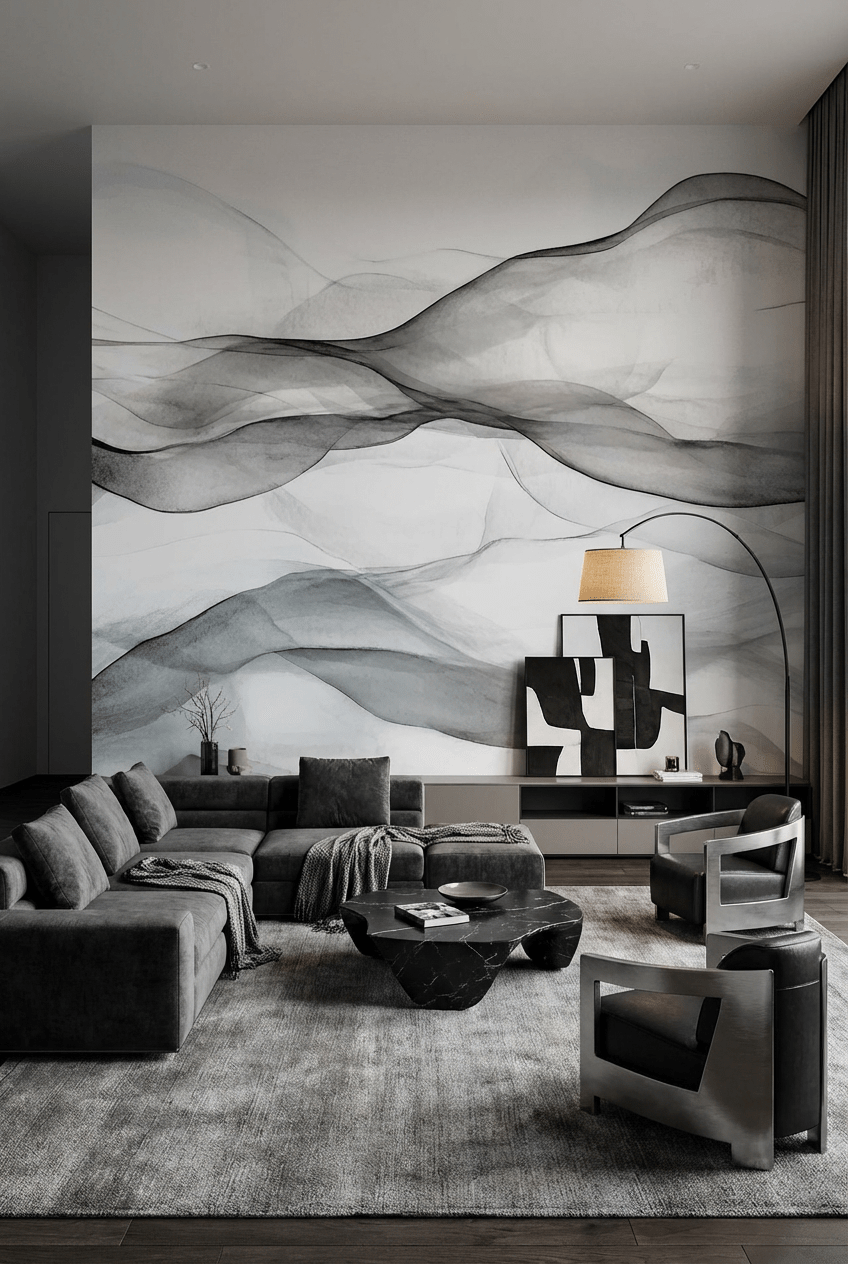 Vagues abstraites en noir et blanc - Illulart: Papier peint panoramique