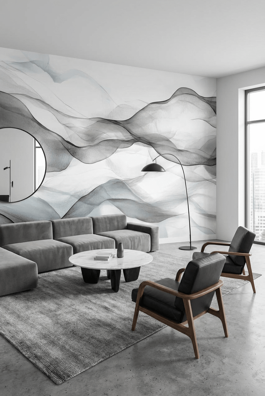 Vagues abstraites en noir et blanc - Illulart: Papier peint panoramique