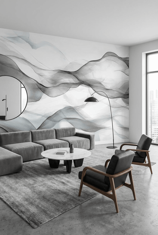 Vagues abstraites en noir et blanc - Illulart: Papier peint panoramique