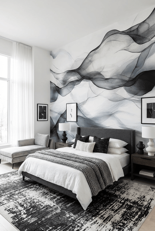 Vagues abstraites en noir et blanc - Illulart: Papier peint panoramique