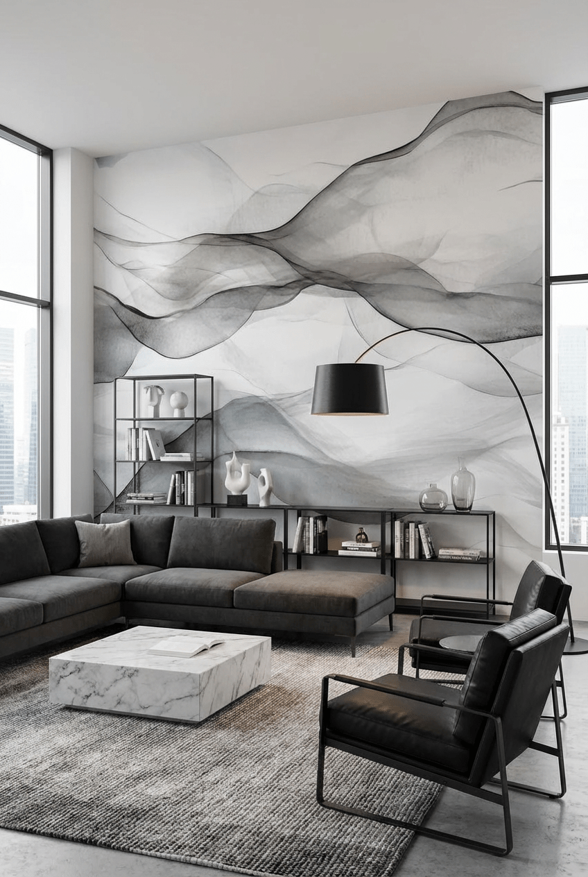 Vagues abstraites en noir et blanc - Illulart: Papier peint panoramique