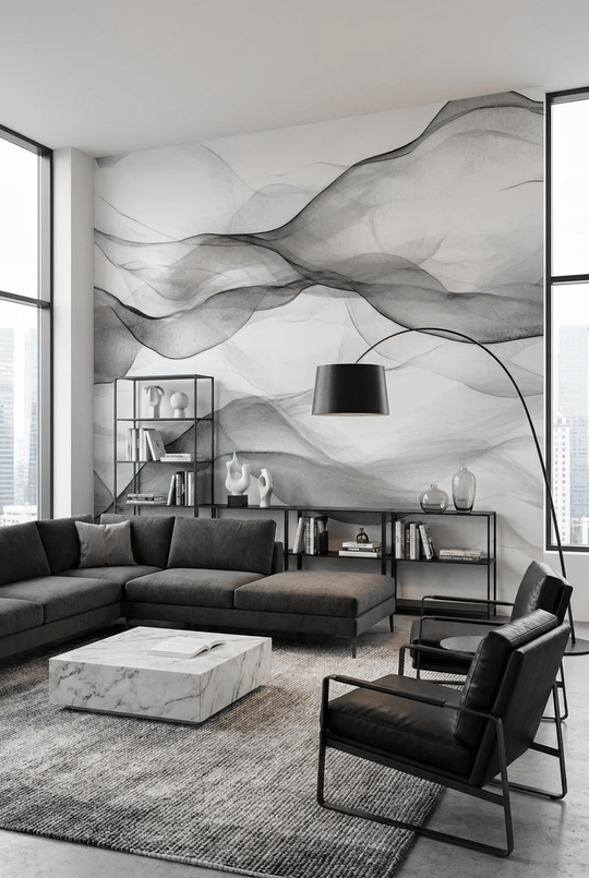 Vagues abstraites en noir et blanc - Illulart: Papier peint panoramique