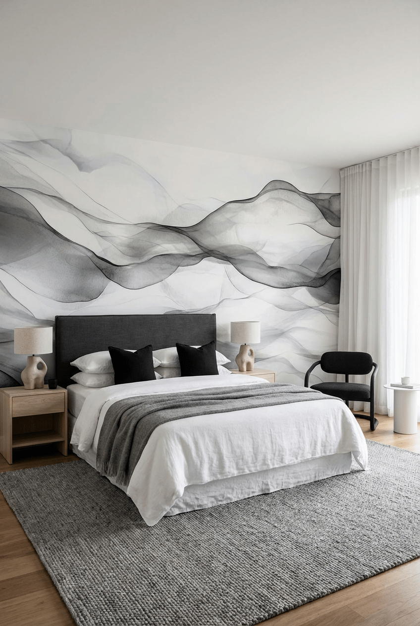 Vagues abstraites en noir et blanc - Illulart: Papier peint panoramique