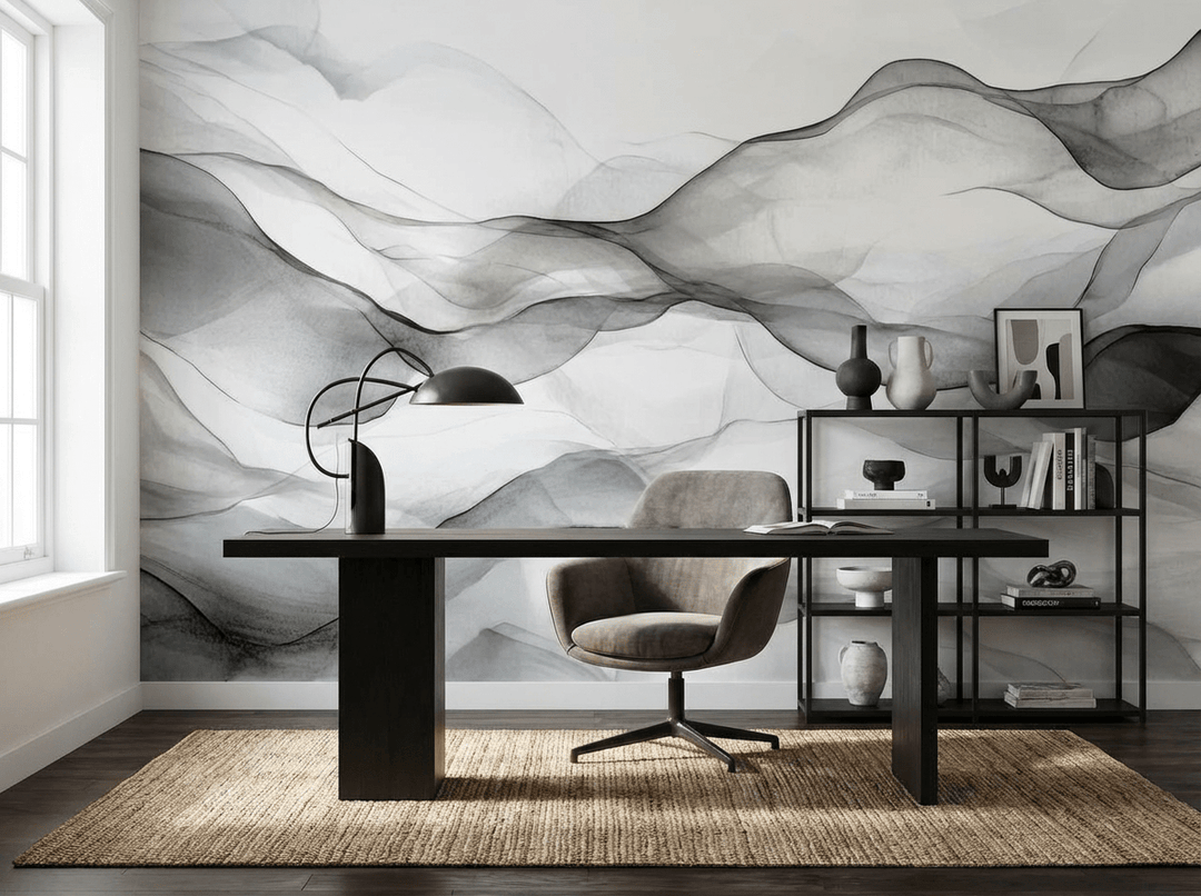 Vagues abstraites en noir et blanc - Illulart: Papier peint panoramique