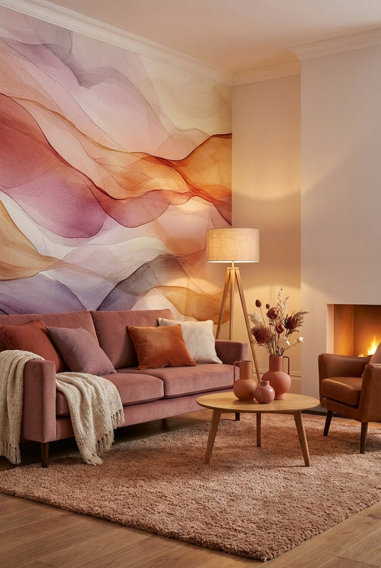 Vagues Lumineuses : Papier Peint Abstrait en Teintes Chaudes - Illulart: Papier peint panoramique