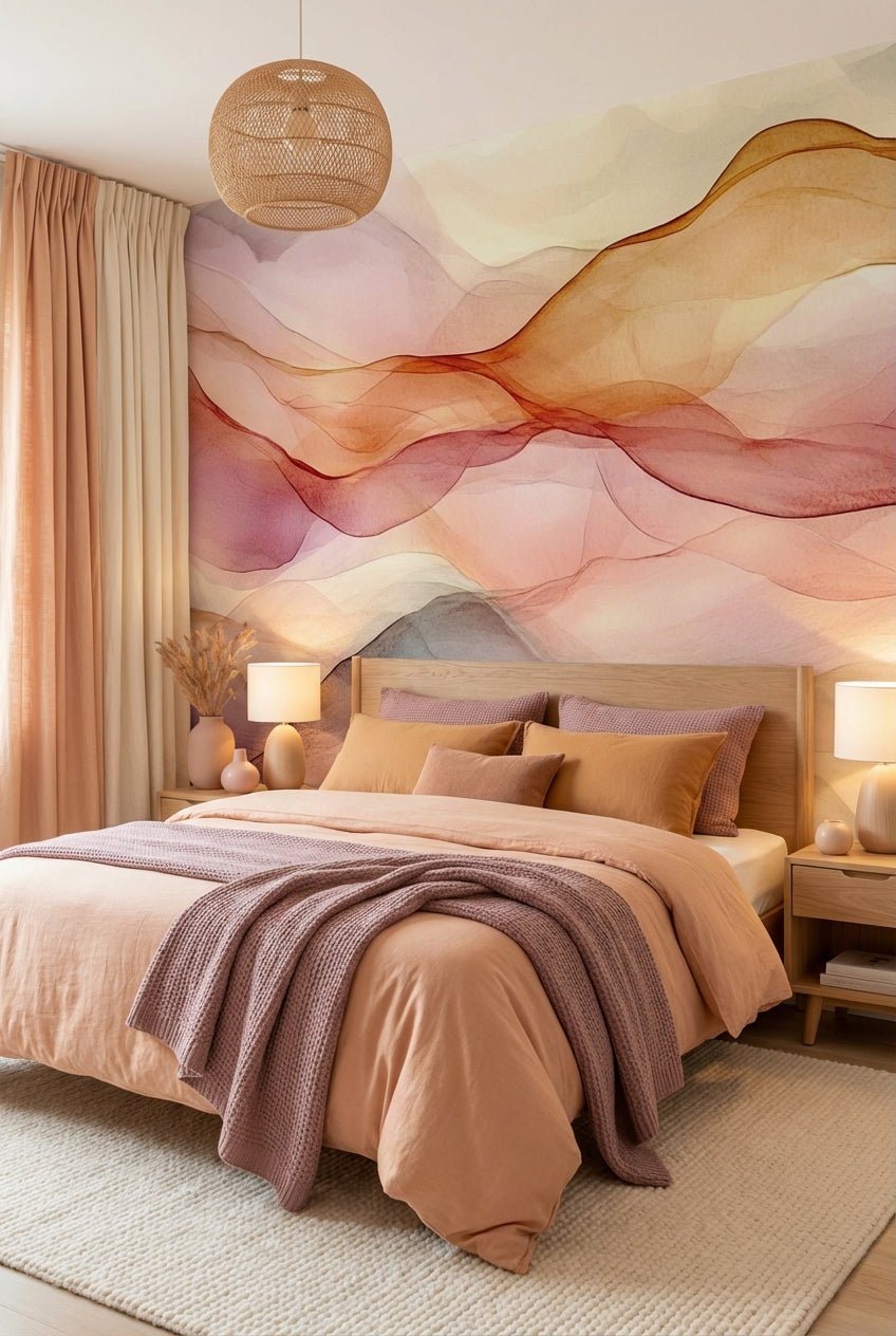 Vagues Lumineuses : Papier Peint Abstrait en Teintes Chaudes - Illulart: Papier peint panoramique