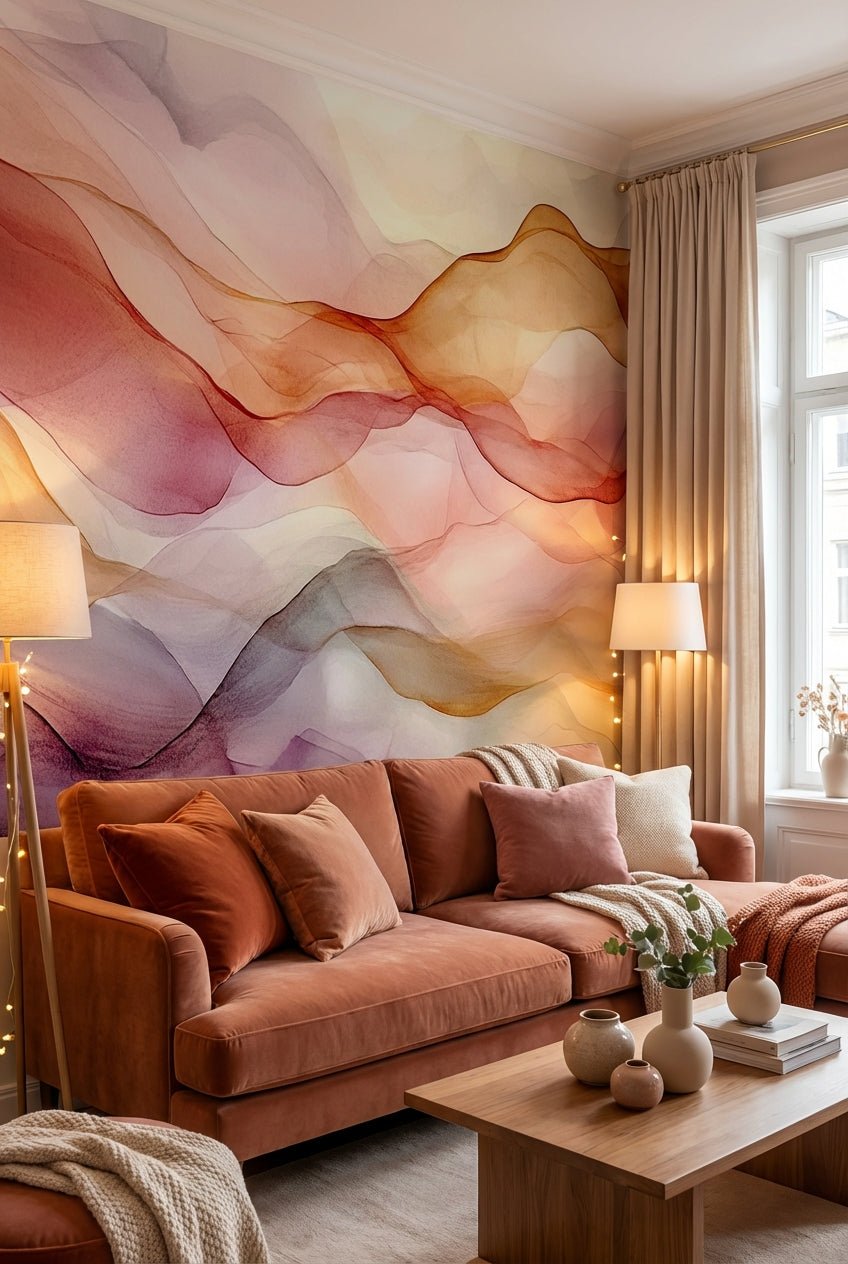 Vagues Lumineuses : Papier Peint Abstrait en Teintes Chaudes - Illulart: Papier peint panoramique