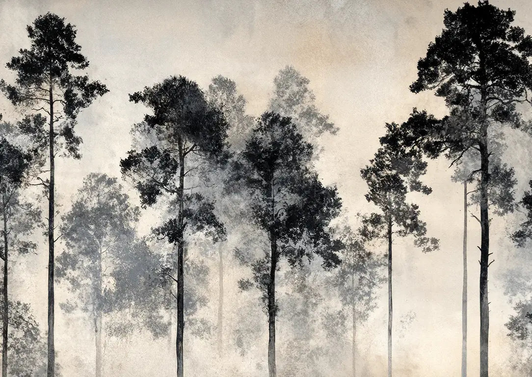 Voyage au cœur des pins – Papier peint panoramique forêt brumeuse - Illulart: Papier peint panoramique