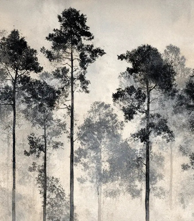 Voyage au cœur des pins – Papier peint panoramique forêt brumeuse - Illulart: Papier peint panoramique