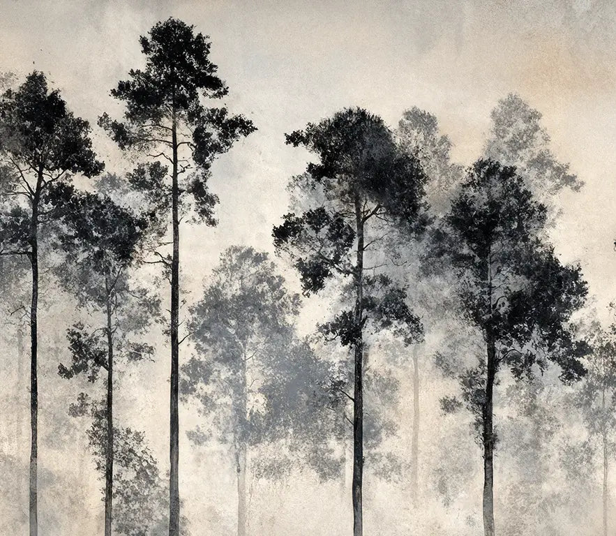 Voyage au cœur des pins – Papier peint panoramique forêt brumeuse - Illulart: Papier peint panoramique