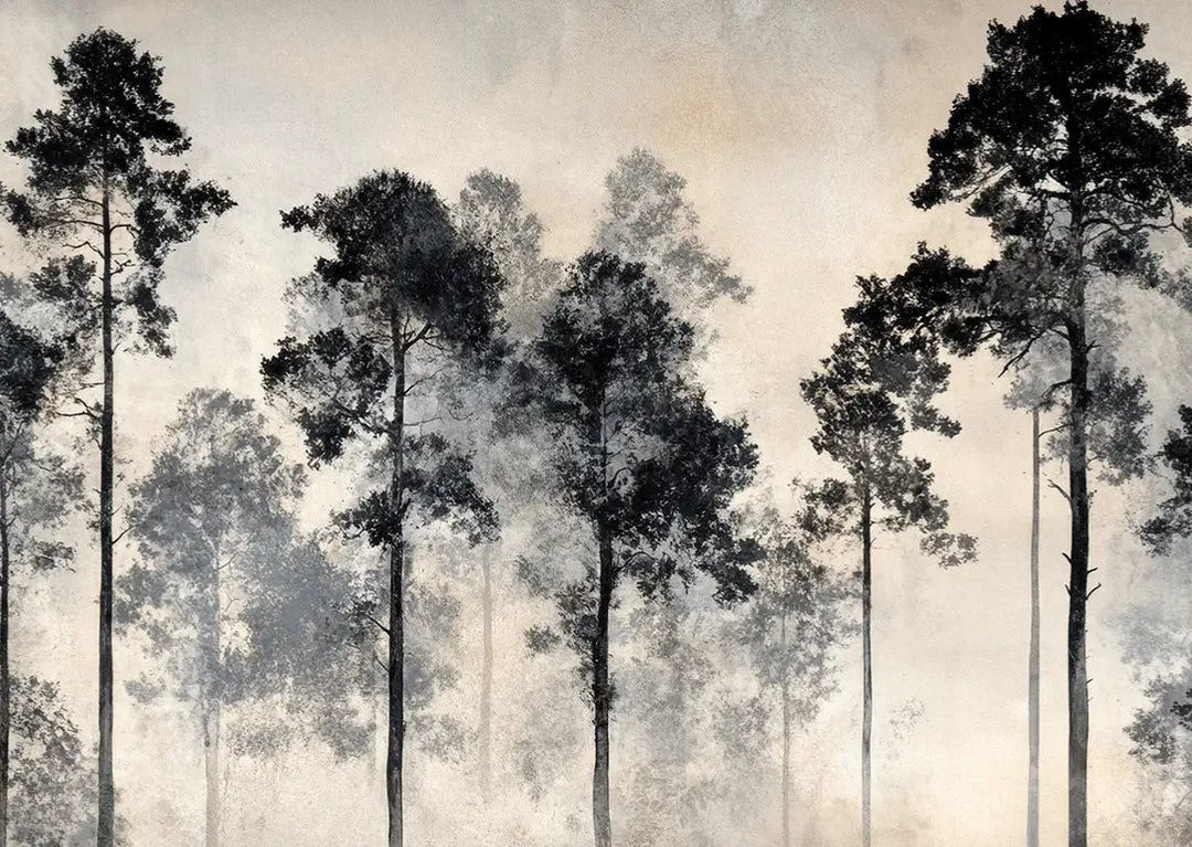 Voyage au cœur des pins – Papier peint panoramique forêt brumeuse - Illulart: Papier peint panoramique