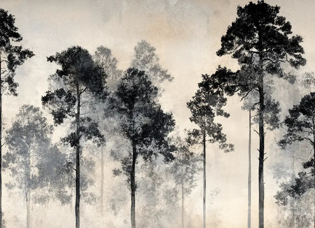 Voyage au cœur des pins – Papier peint panoramique forêt brumeuse - Illulart: Papier peint panoramique